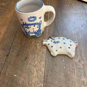 MA Hadley Vintage Pottery Pig Mug and Wall Hanging Ornament Set Blue White